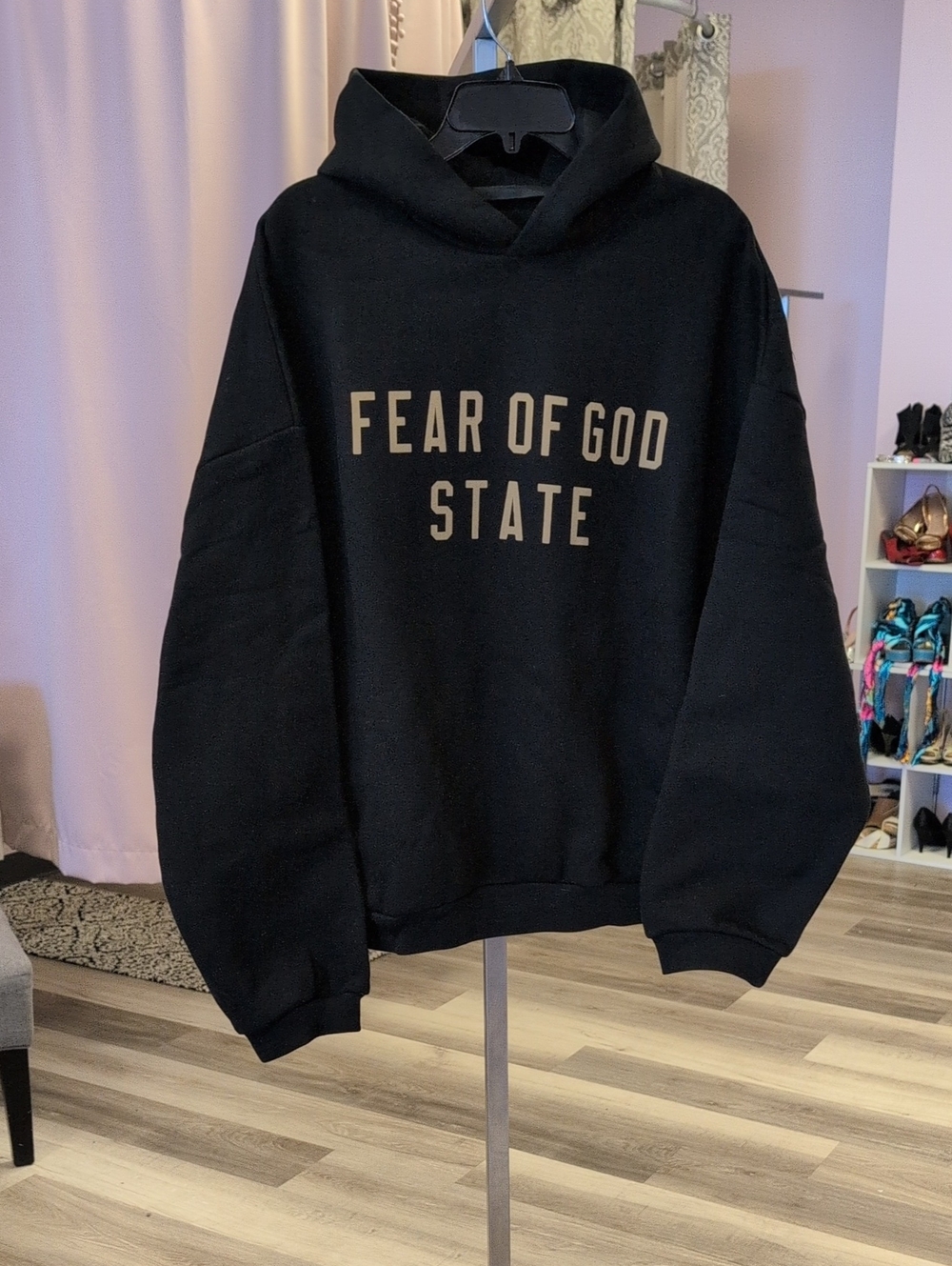 Fear of God State Crewneck Hoodie in Black with Beige Logo